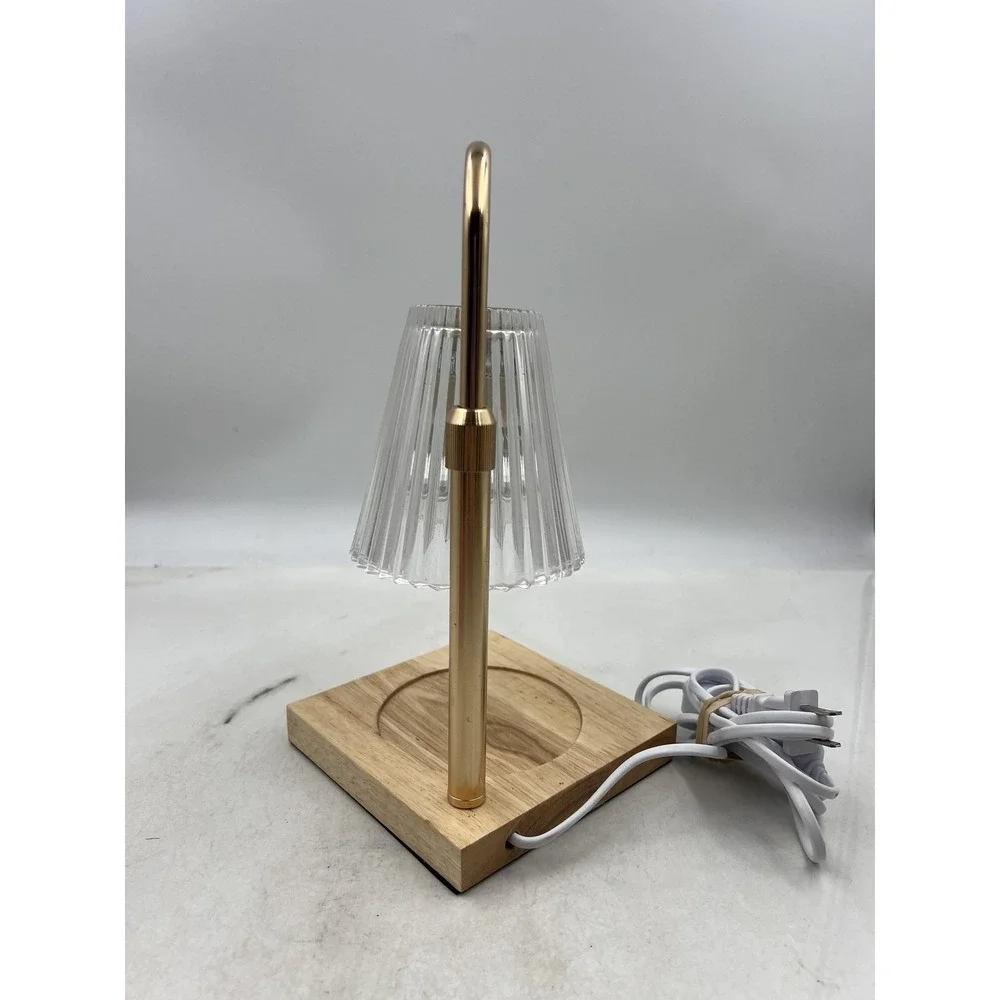 Electric Candle Warmer Lamp Gold Fluted Glass Shade Wood Base Timer Dimmer